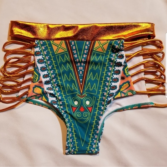 High Waist Bikini Teal & Gold Tribal Aztec Boho - Picture 4 of 7